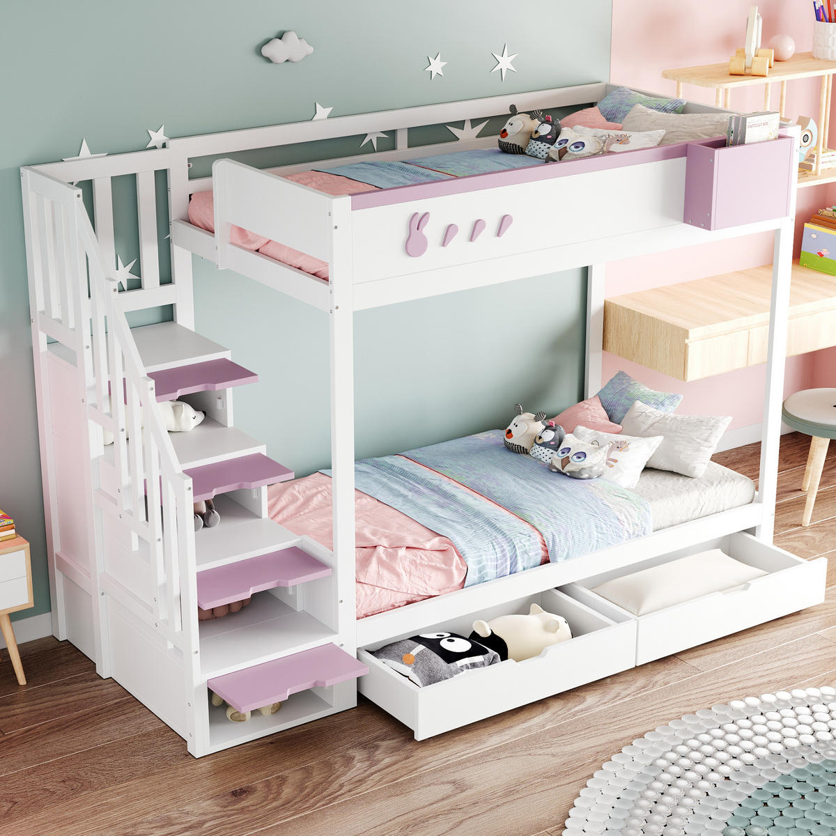 ETAGENBETT 90/200 cm mit Stauraumleiter, Schubladen und abnehmbarem Ablagefach, Weiß/Rosa - Weiß, Holzwerkstoff (90/200cm) - Redom