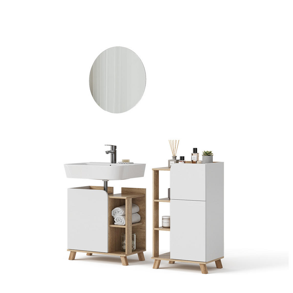 BADMÖBEL-SET Karen Sonoma/Weiß 3 Teile, mit Midischrank - Weiß/Sonoma Eiche, Holzwerkstoff (60/65/35cm) - Vicco