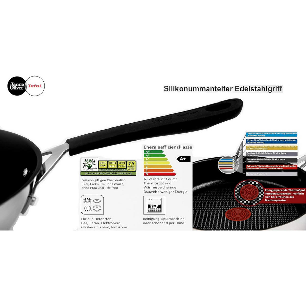 BRATPFANNE E30 26cm Edelstahl, Antihaftbeschichtung, Induktionsgeeignet, Thermo Signal, Ofenfest 175°C, Hitzebeständig 260°C, Genieteter Silikongriff - Silberfarben, Metall (26cm) - Tefal