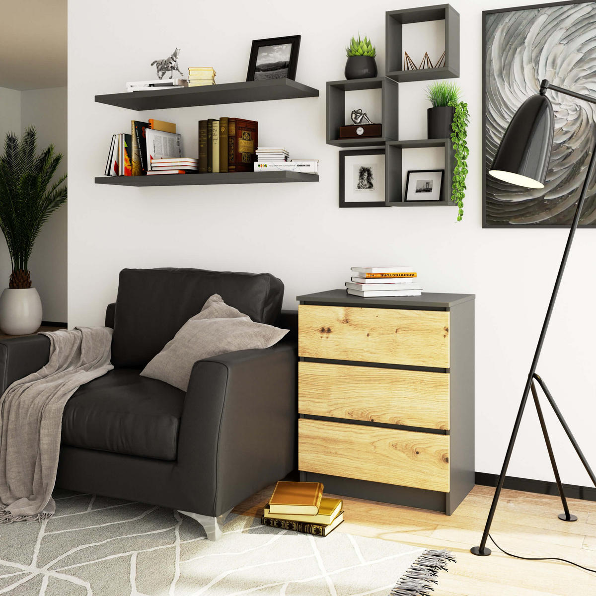 KOMMODE K60, Grau-Artisan, 60x40x77 cm - Eiche Artisan/Grau, Holz (60/77/40cm) - Milordbikes