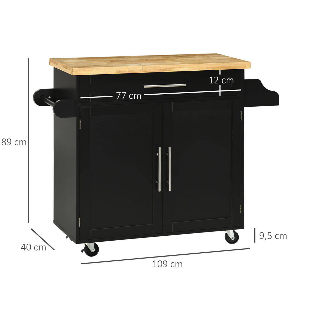 KÜCHENINSEL 109/89/40 cm Schwarz aus Holz mit Rollen - Schwarz, Holz (40/89/109cm) - OKMYHOME