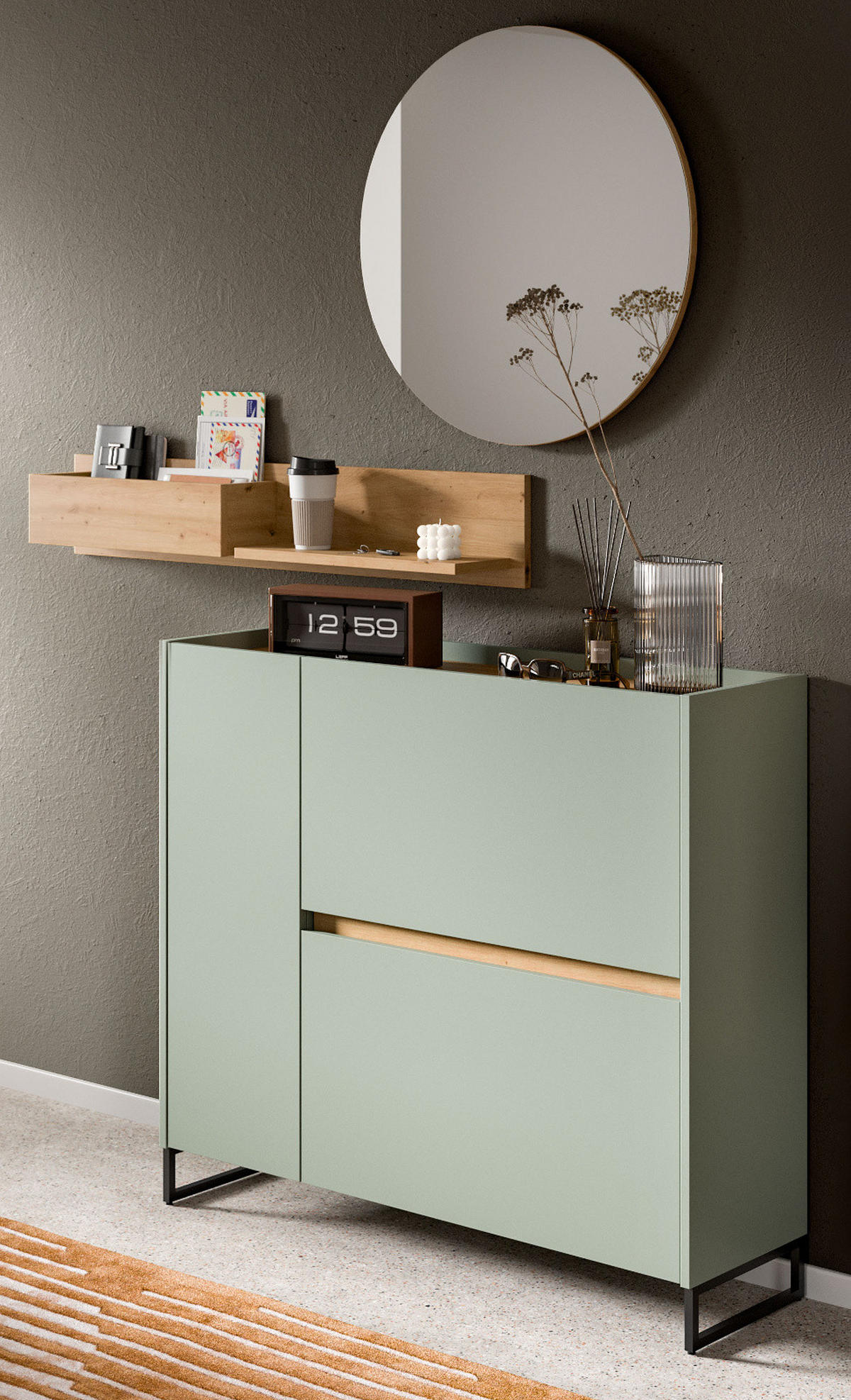 GARDEROBE Set 3-teilig in Salbei und Artisan Eiche 140 x 197 cm, Soft-Close Borga - Salbeigrün/Schwarz, Holzwerkstoff/Metall (140/197/32cm) - Inn.Furn