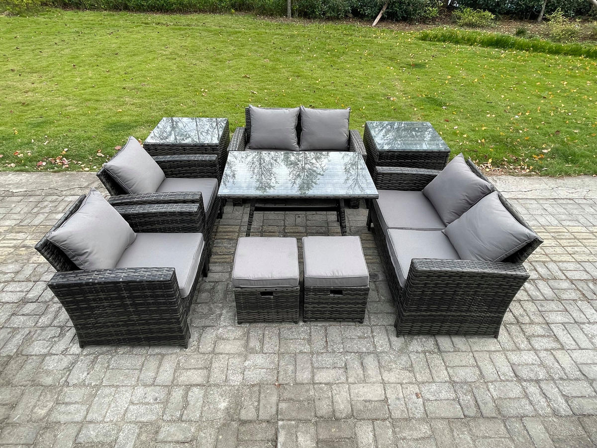 GARTENMÖBELSET mit ESSTISCH,HOCHLEHNER-SOFA Polyrattan Dunkelgrauer Mix 8-Sitzer - Dunkelgrau/Grau, Glas/Kunststoff - Fimous