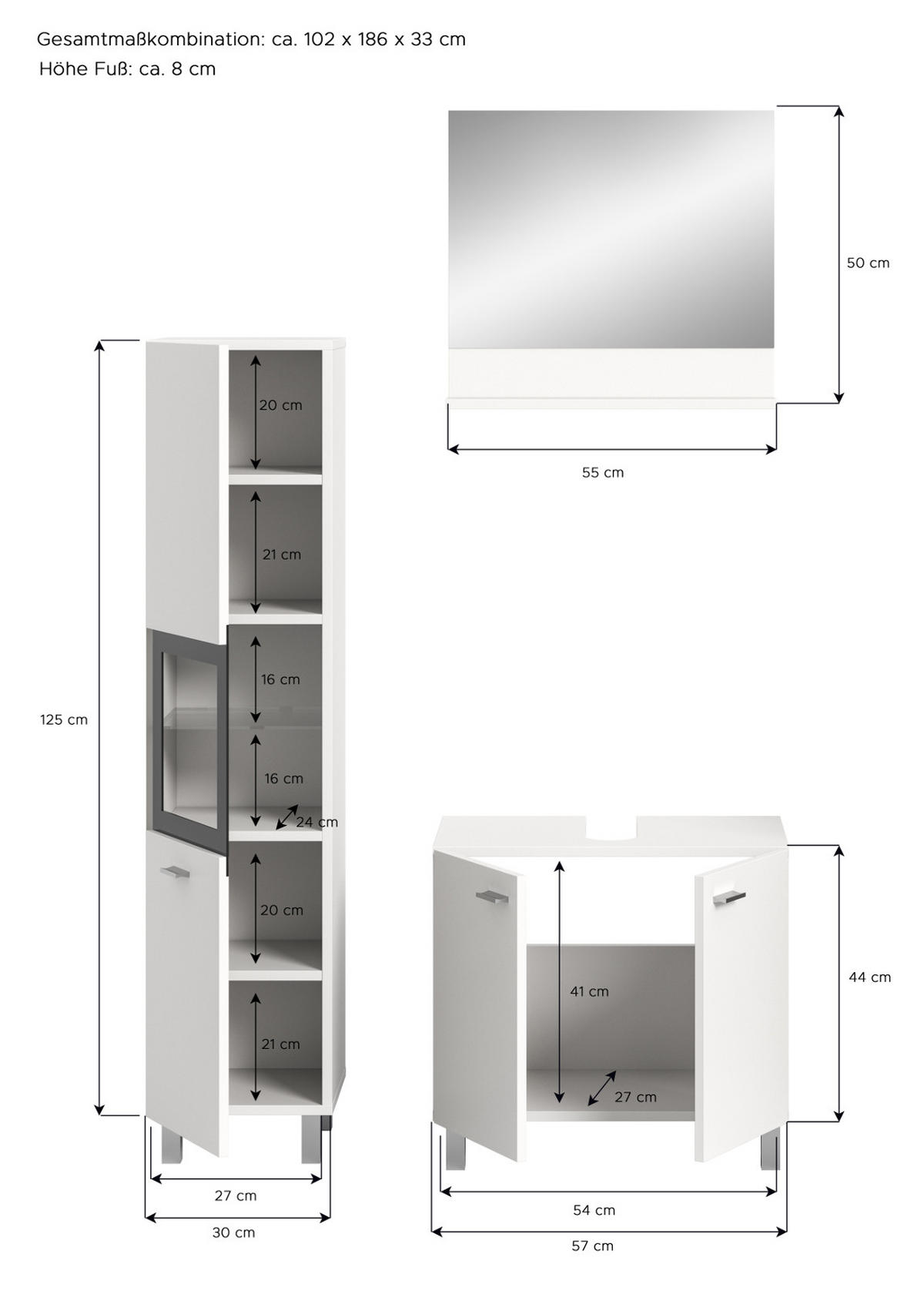 BADMÖBEL-SET weiß 3-teilig 100 cm, Kombination hängend oder stehend - Weiß, Glas/Holzwerkstoff (102/186/33cm) - Inn.Furn