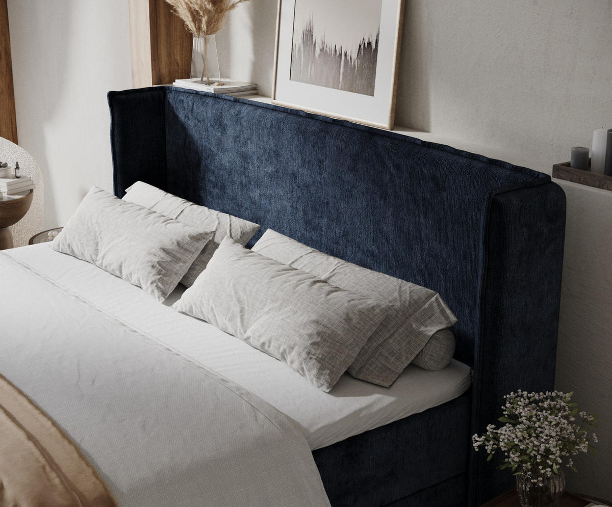 BOXBETT Skyline Marineblau 160/200 cm mit Matratze und Topper - Schwarz/Dunkelblau, Holz/Holzwerkstoff (160/200cm) - Maison de Reve