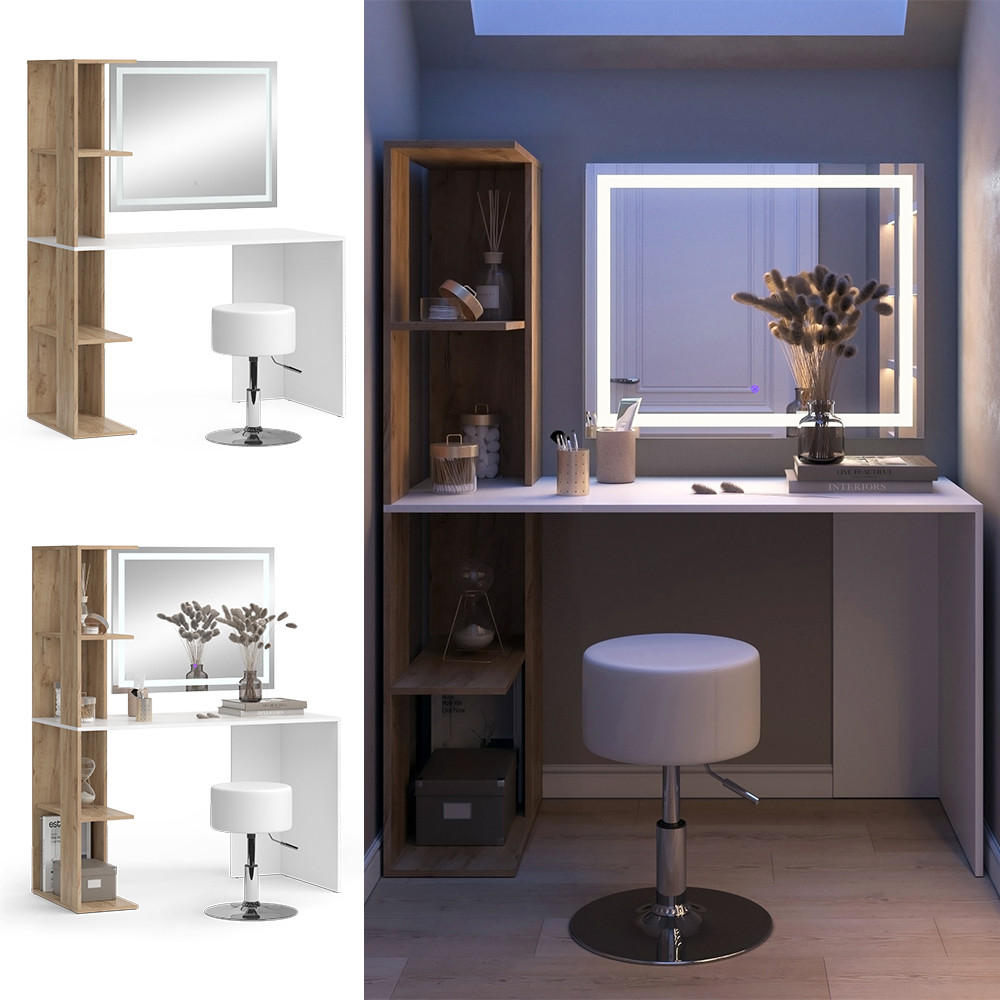 SCHMINKTISCH Tower Weiß/Sonoma 122.2 cm mit LED-Spiegel und Hocker - Weiß/Sonoma Eiche, Holzwerkstoff (122.2/75.8/55.2cm) - Vicco