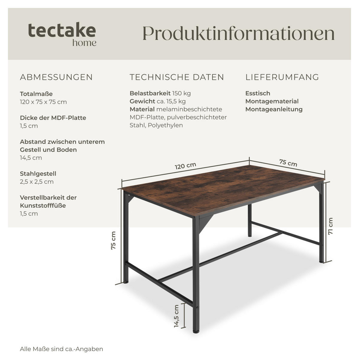 ESSTISCH Belfast,120 x 75 x 75 cm,Industrial Holz dunkel, rustikal - Rostfarben, Holz (120/75/75cm) - tectake