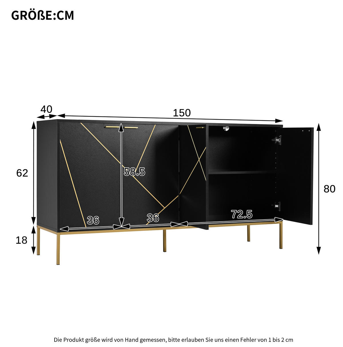 SIDEBOARD im kompakten Design mit Schubladen und Türen, platzsparend, modern und vielseitig, 150/40/80 cm, Schwarz und Gold - Schwarz, Holzwerkstoff (150/80/40cm) - Redom
