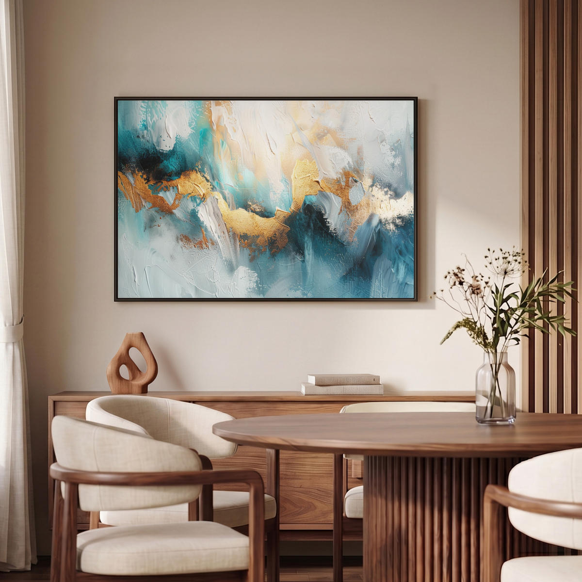 LEINWAND Bilder mit Rahmen - Abstrakt - Kunst - Gold - Blau - 90x60 - Petrol, Textil (90/60cm) - MuchoWow