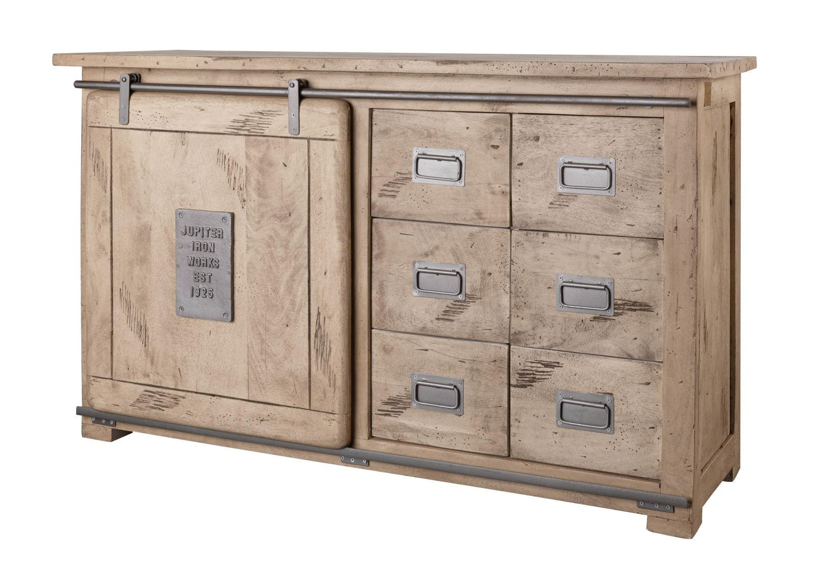 SIDEBOARD Mango 140x45x85 whitewash lackiert RAILWAY #321 - Beige, Holz (140/85/45cm) - Massivmoebel24