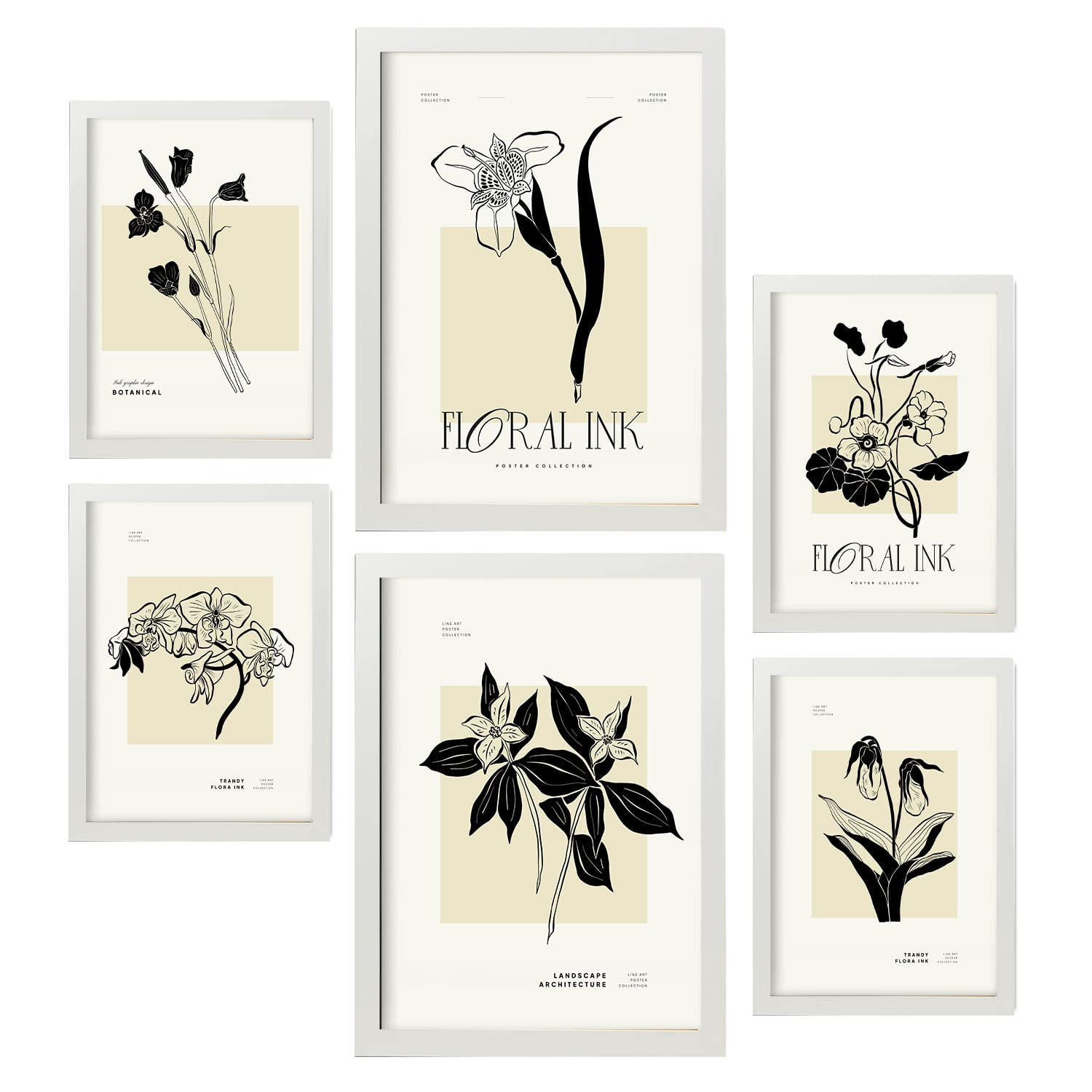 POSTER Set Mit 6 In Schwarzer Tinte Tropische Orchideen A3 & A4 Weißer Rahmen - Weiß, Papier (29/3cm) - Nacnic