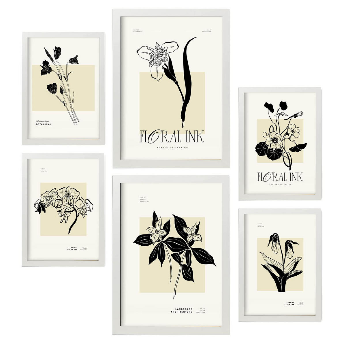 POSTER Set Mit 6 In Schwarzer Tinte Tropische Orchideen A3 & A4 Weißer Rahmen - Weiß, Papier (29/3cm) - Nacnic