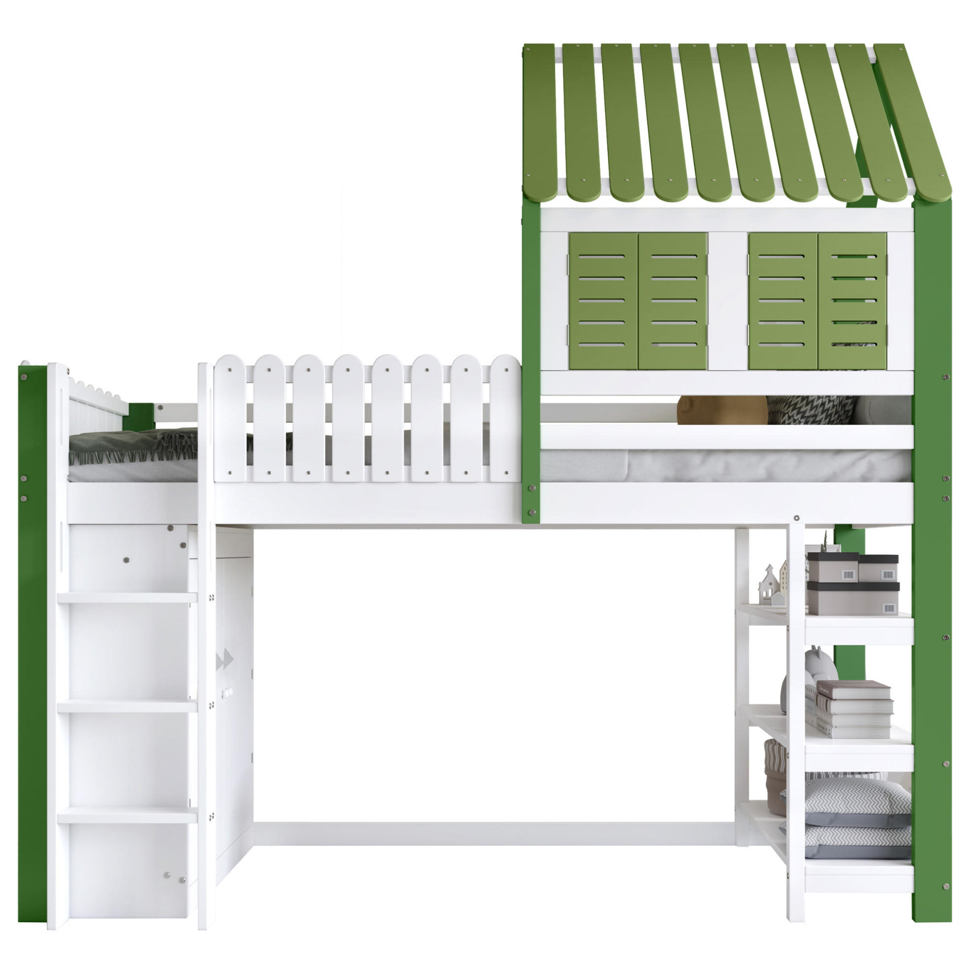 HOCHBETT 90/200 cm aus Kiefer/MDF mit Dach, Fenstern, Kleiderschrank und Regal, Weiß/Grün - Weiß, Holzwerkstoff (90/200cm) - Redom