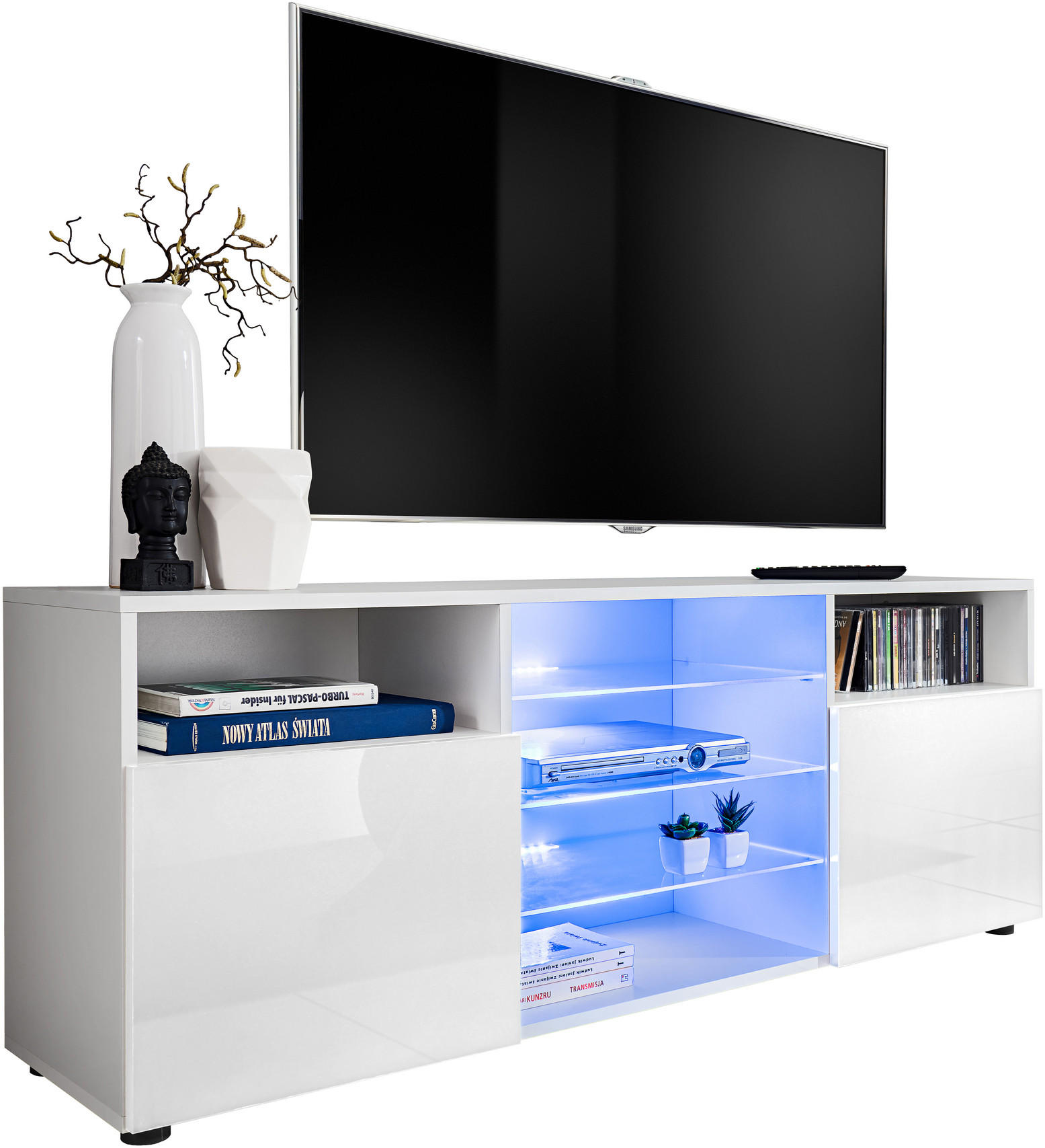 SIDEBOARD TV URBINO Weiß, Blau LED Beleuchtung - Weiß, Glas/Holzwerkstoff (140/53/35cm) - Komodee