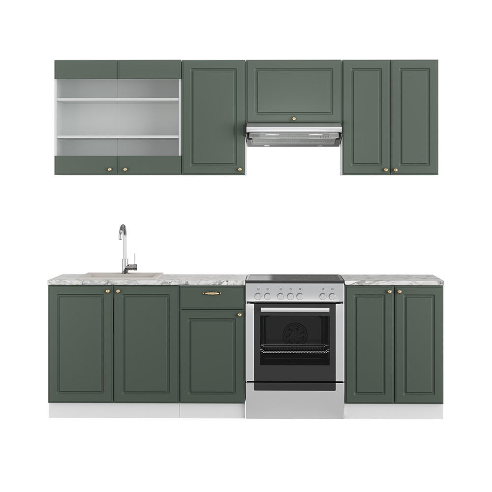 KÜCHENZEILE Fame-Line Grün-Gold Landhaus/Weiß 240 cm, AP Marmor - Weiß/Grün, Holzwerkstoff (240/81.6/60cm) - Vicco