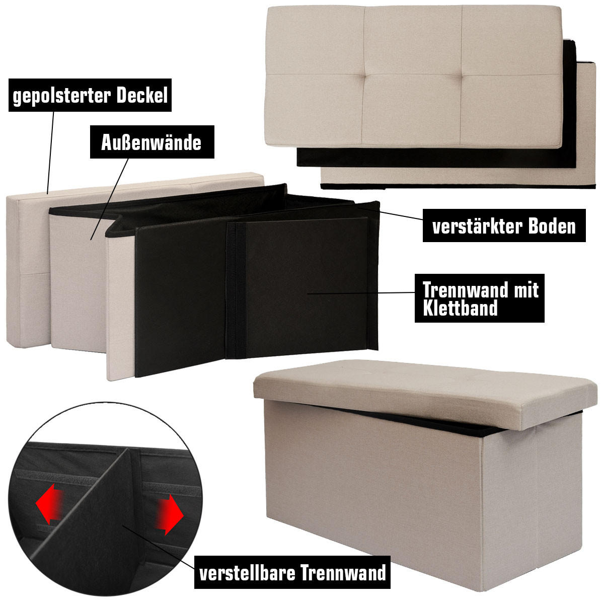 SITZBANK Faltbar, 76/38/38 cm, mit Trennwand, 80 Liter, Beige - Beige, Kunststoff (38/38/76cm) - Dunedesign