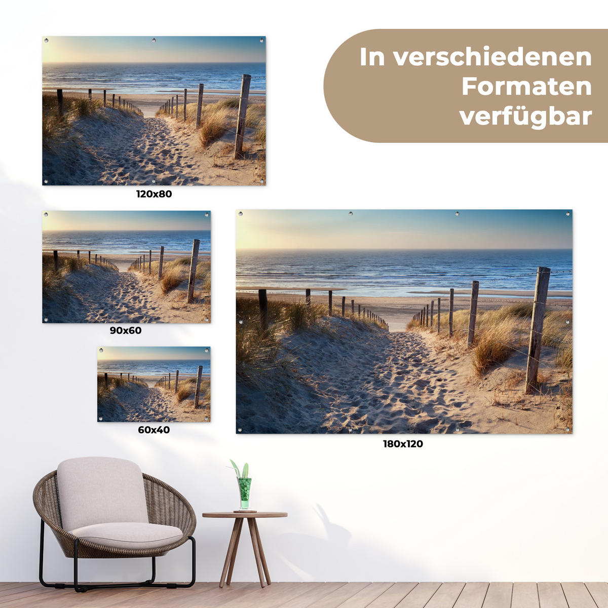 ZAHRADNÍ PLAKÁT Pláž - moře - Nizozemsko - duny - slunce 90x60 cm - písková barva, plast (90/60/0.2cm) - OnlyWow
