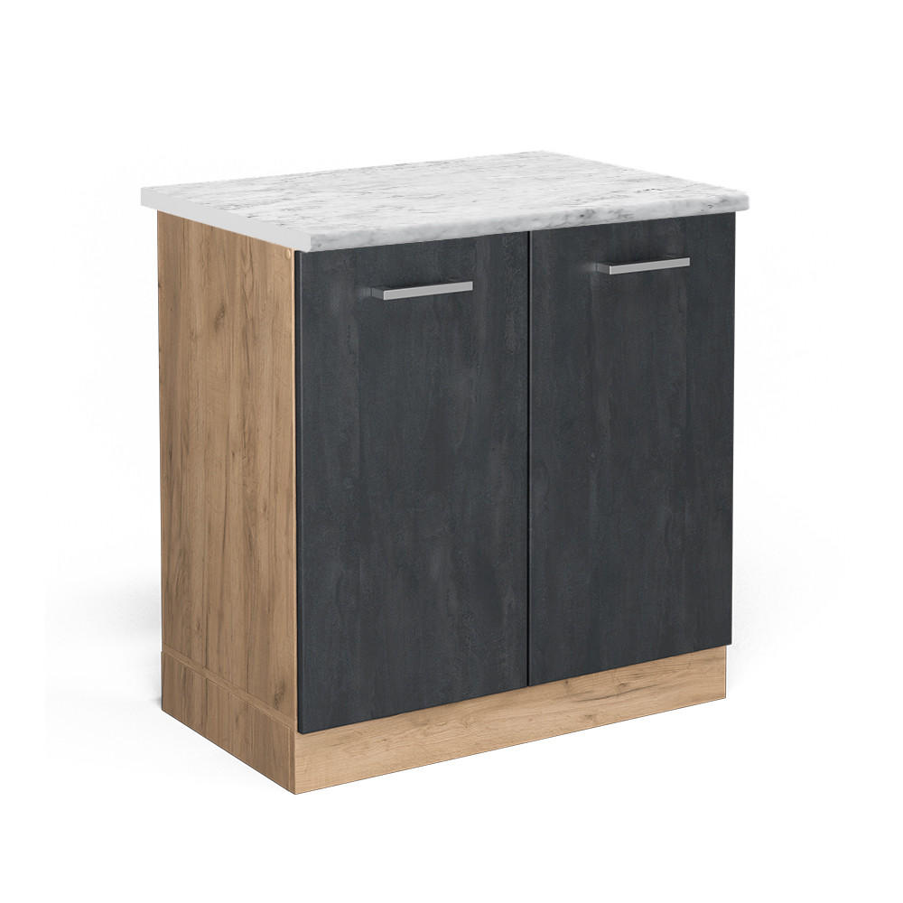 KÜCHENUNTERSCHRANK KÜCHENSCHRANK R-Line Schwarz Beton 80 cm AP Marmor - Eiche Wotan/Schwarz, Holzwerkstoff (80/81.6/60cm) - Vicco