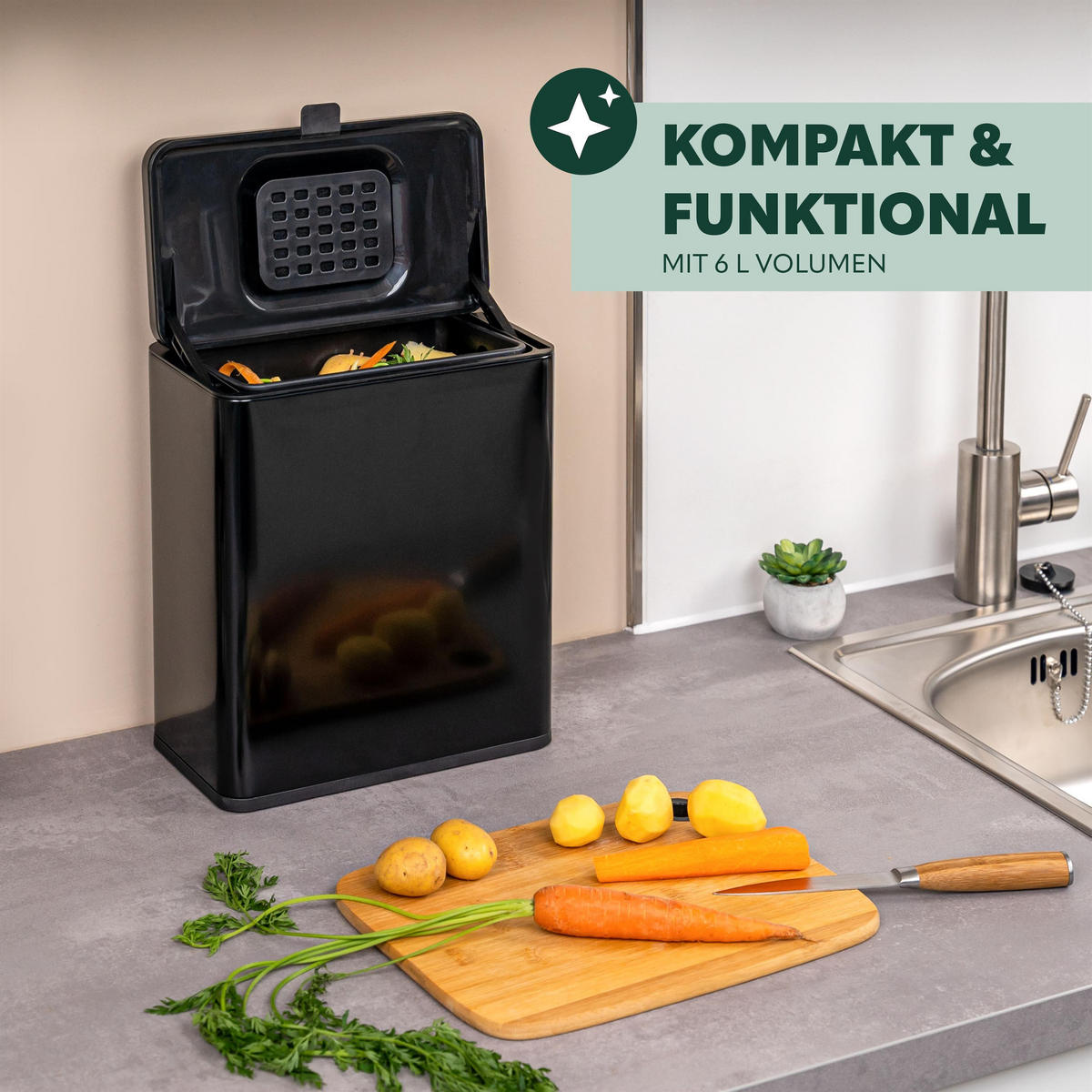 BIOMÜLLEIMER 6L, schwarz - Schwarz, Metall (26/29.5/14cm) - eluno
