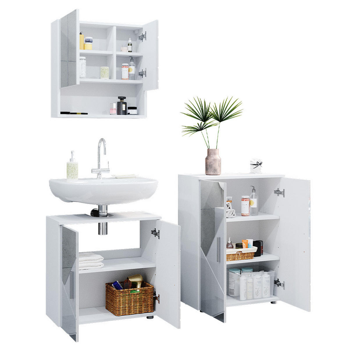 BADMÖBEL-SET Irma Weiß 3 Teile, mit Unterschrank 60 cm - Weiß Hochglanz/Weiß, Holzwerkstoff (80/58.6/41cm) - Vicco