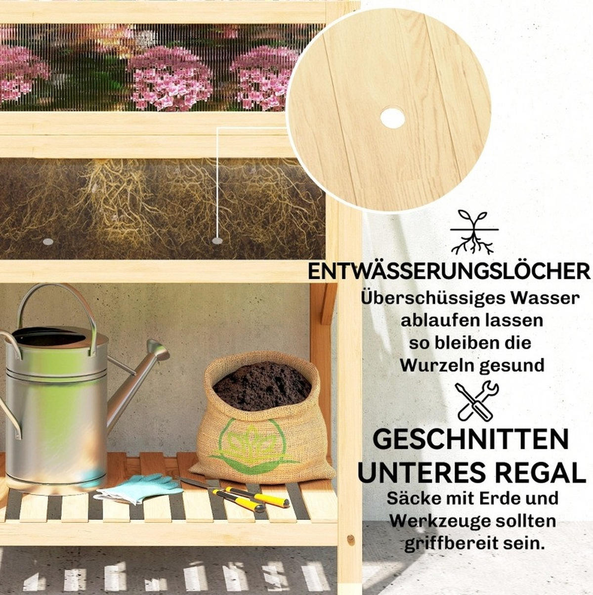 HOCHBEET 104x50x120cm mit Gewächshaus und Klapptisch - Naturfarben, Holz (50/102/104cm) - Modfu