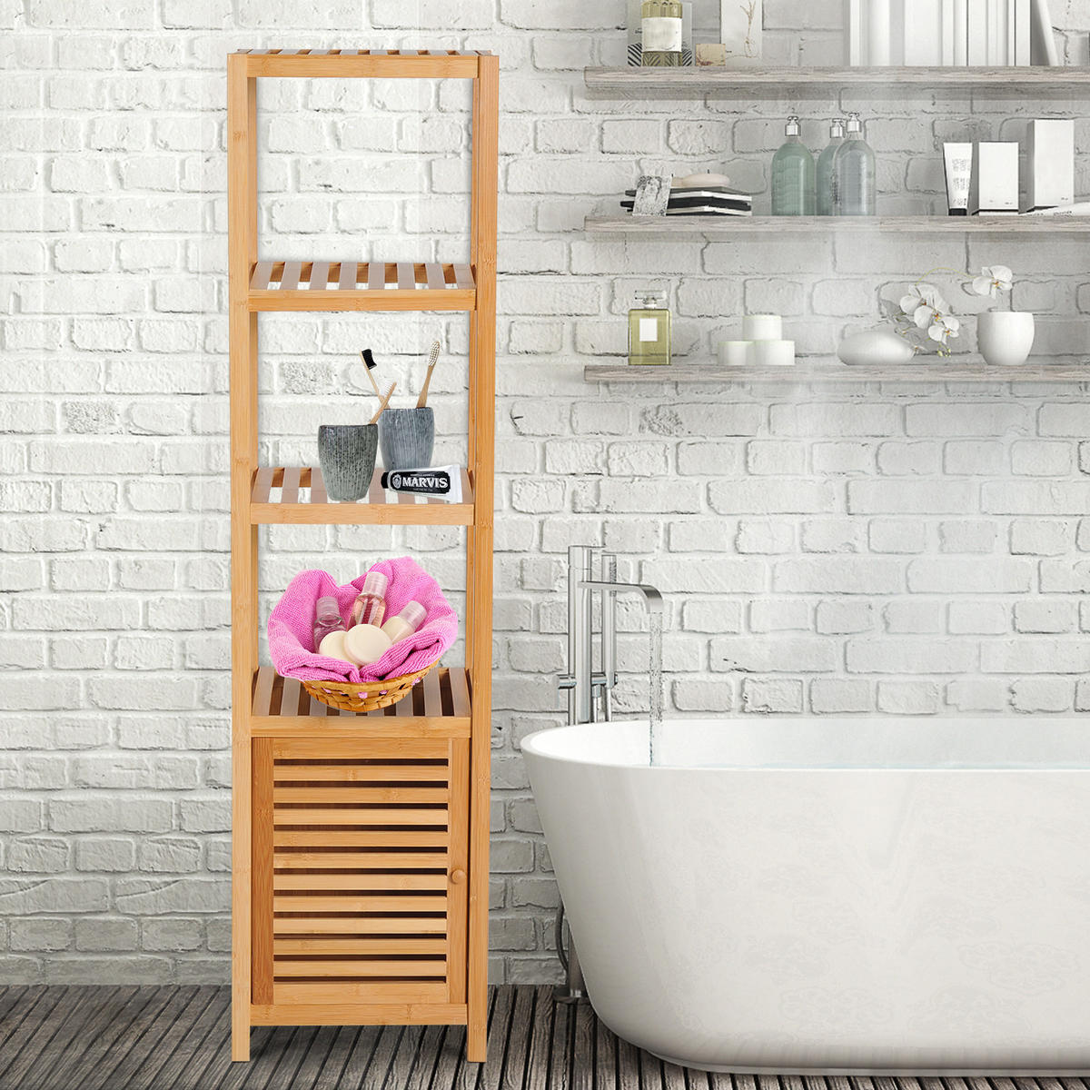BADSCHRANK - Naturfarben, Holzwerkstoff (33/140/36cm) - HOMCOM