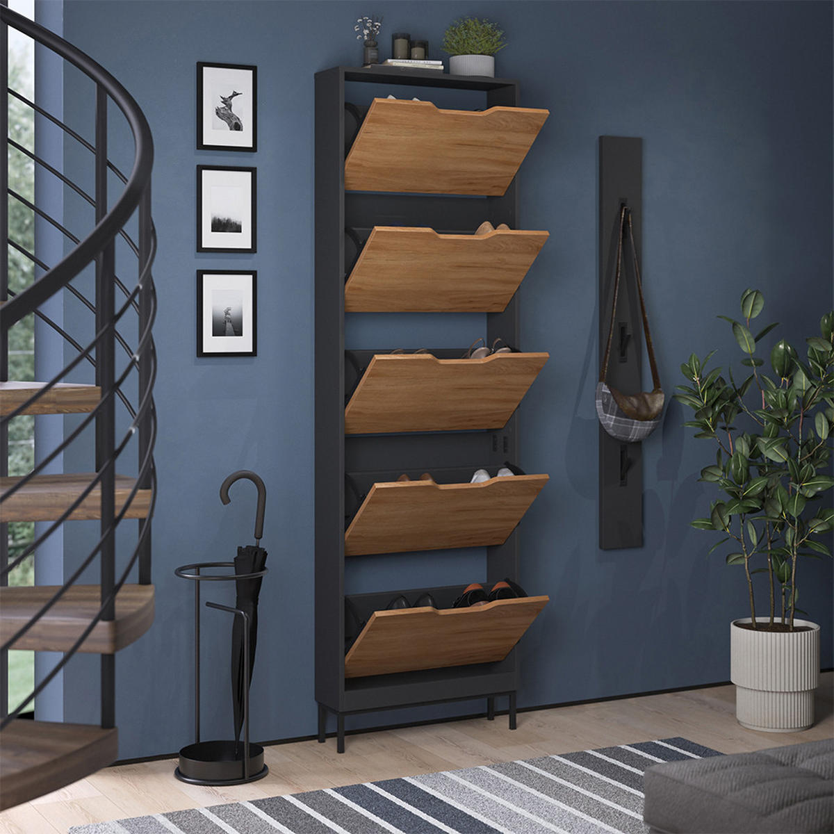 SCHUHKIPPER Luca, Anthrazit/Goldkraft Eiche, 59 x 192 cm mit 5 Kippfächern - Honigeiche/Anthrazit, Holzwerkstoff (59/192/17cm) - Vicco