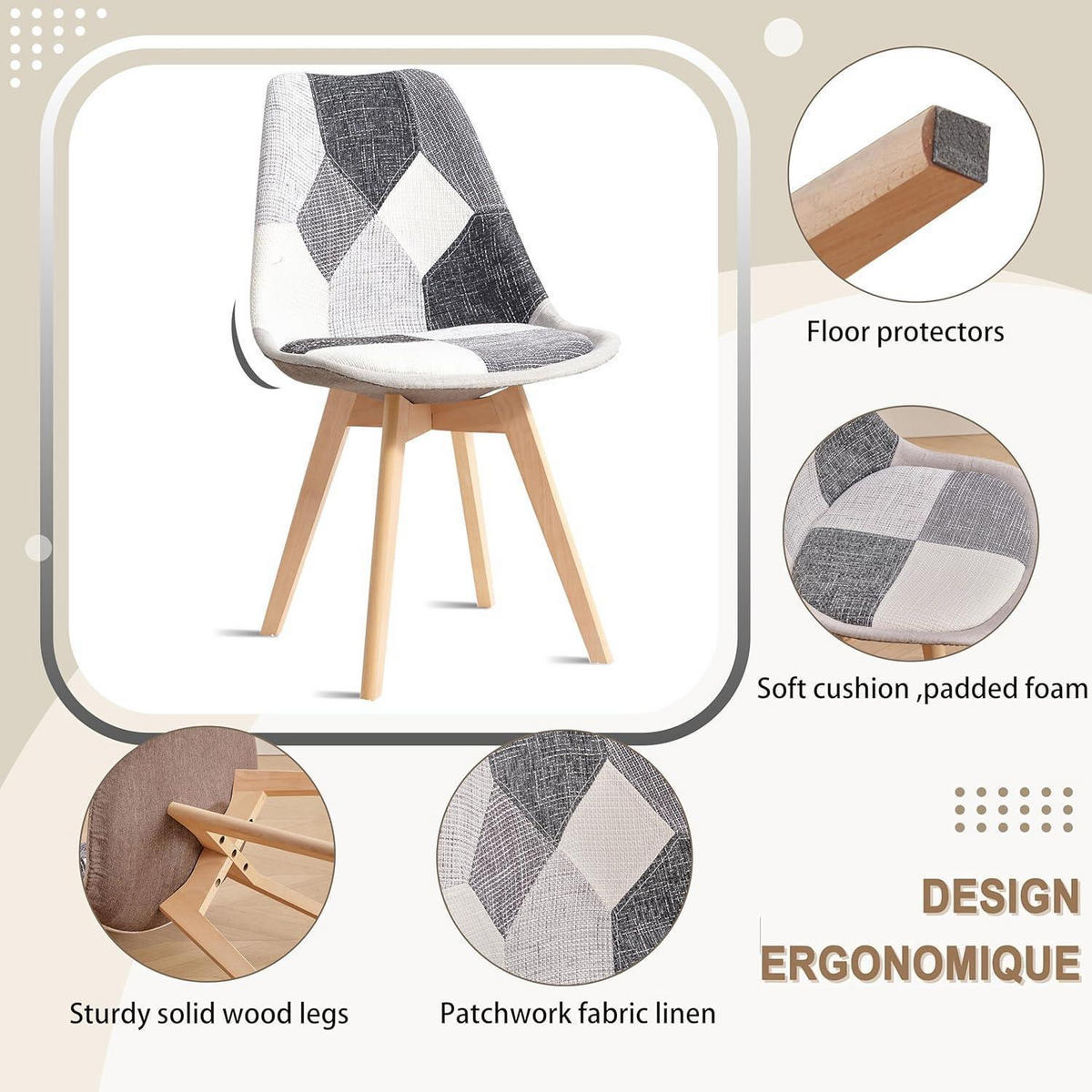 ESSZIMMERSTUHL 2-teiliges Set Patchwork Grau Stoff Massivholzbeine - Multicolor, Textil (49/83/42cm)