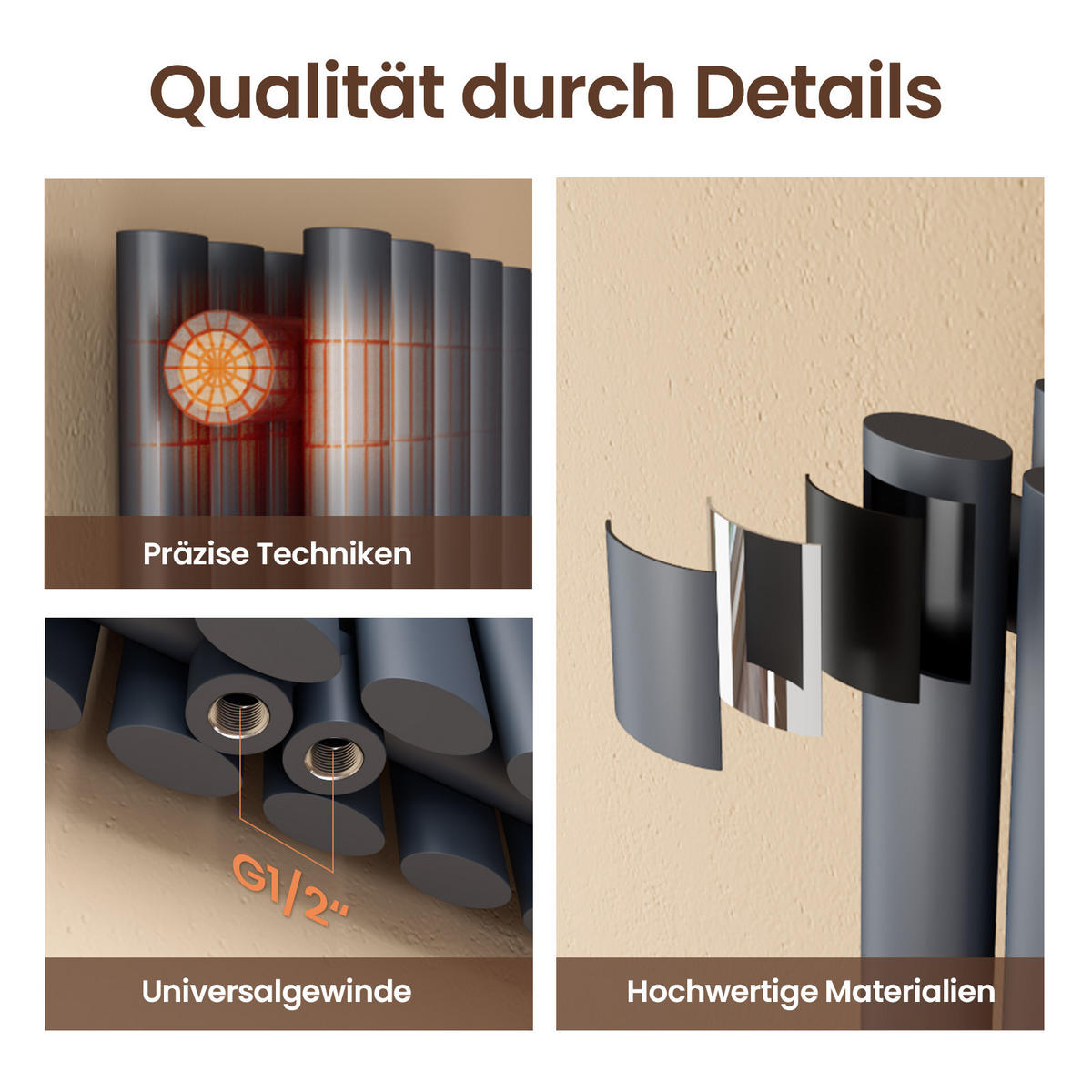 HEIZKÖRPER Doppelrohr horizontal montierbar Anthrazit 60/120/8,1 cm - Anthrazit, Metall (120/60/8cm) - EMKE