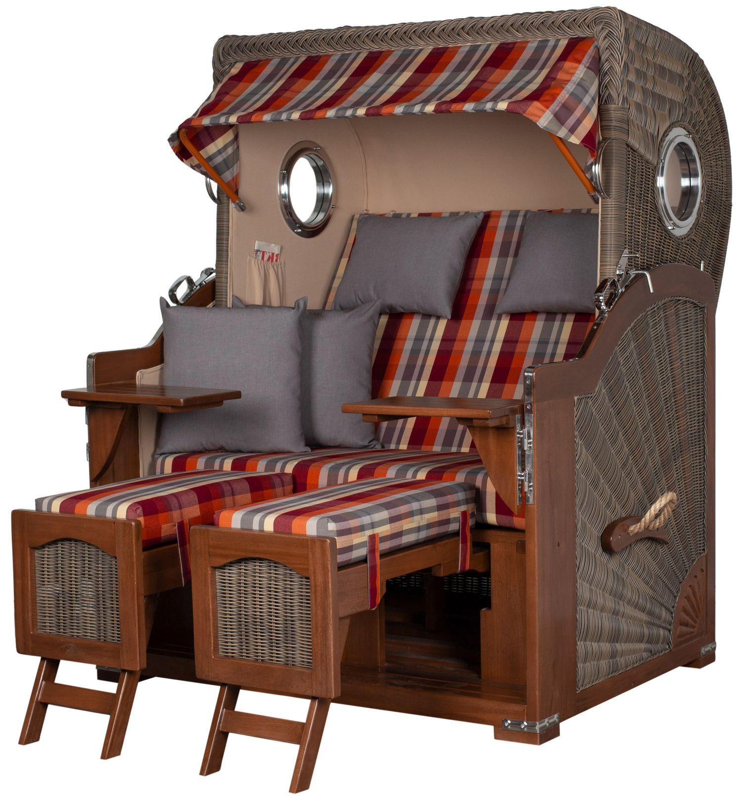 STRANDKORB Komplettset: Ammersee Mahagoni Bullauge - PE grau - Modell 584 - Beige/Rot, Holz/Kunststoff (125/165/80cm) - bene living