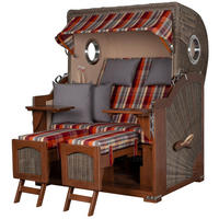 STRANDKORB Komplettset: Ammersee Mahagoni Bullauge - PE grau - Modell 584 - Beige/Rot, Holz/Kunststoff (125/165/80cm) - bene living