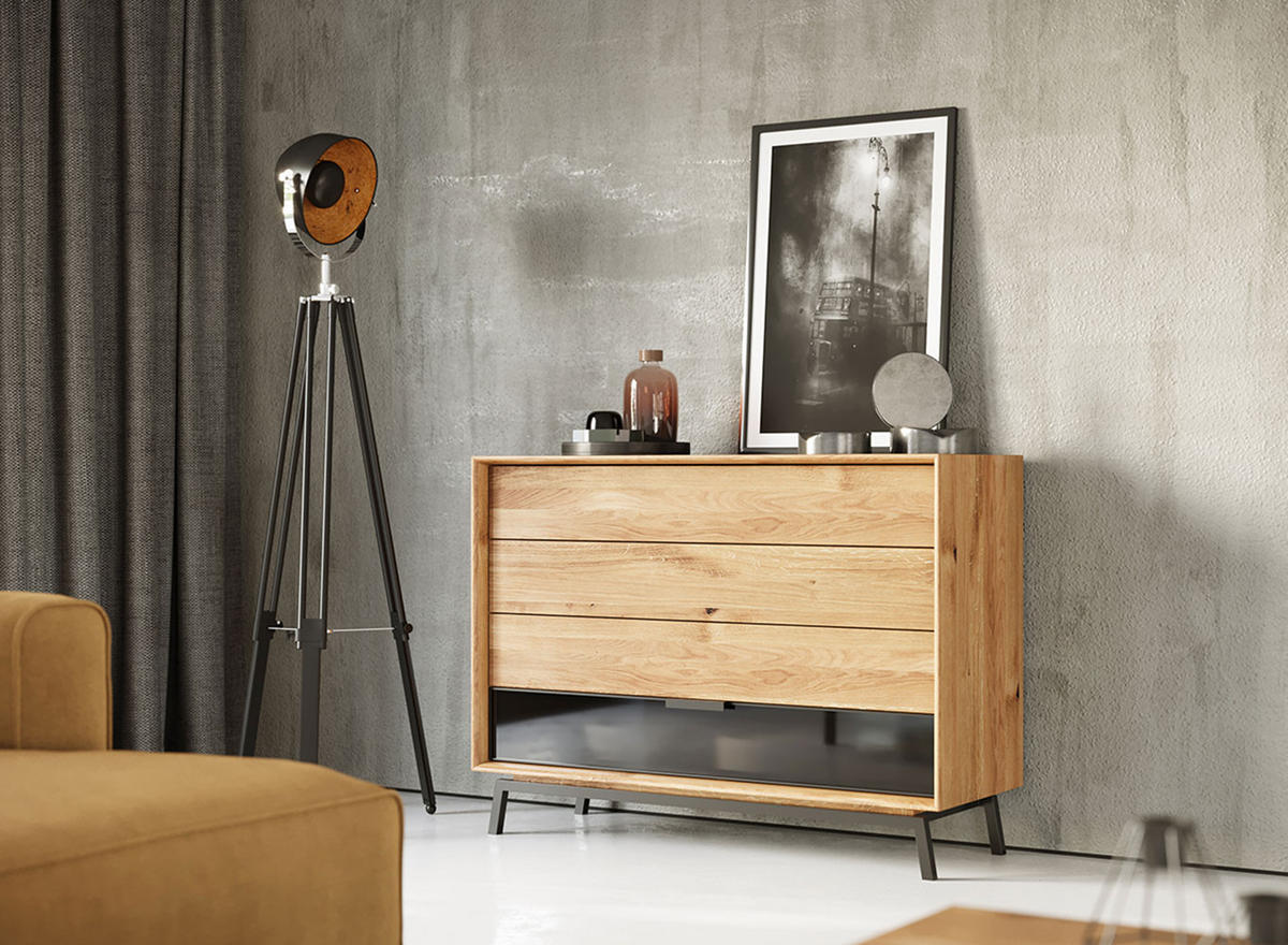 KOMMODE Modern Loft Eiche Natur 121 / 45 / 90cm - Eichefarben/Schwarz, Holz/Metall (121/90/45cm) - Feldmann-Wohnen