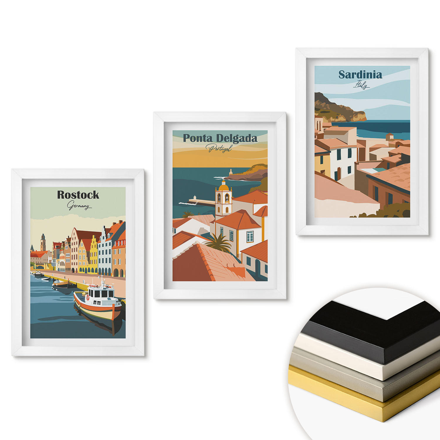 WANDBILDER 3er-Set - 20x30 cm Weißer Rahmen - Ansichten europäischer Küstenstädte - Weiß, Kunststoff (20/30cm) - ArtPrintCave