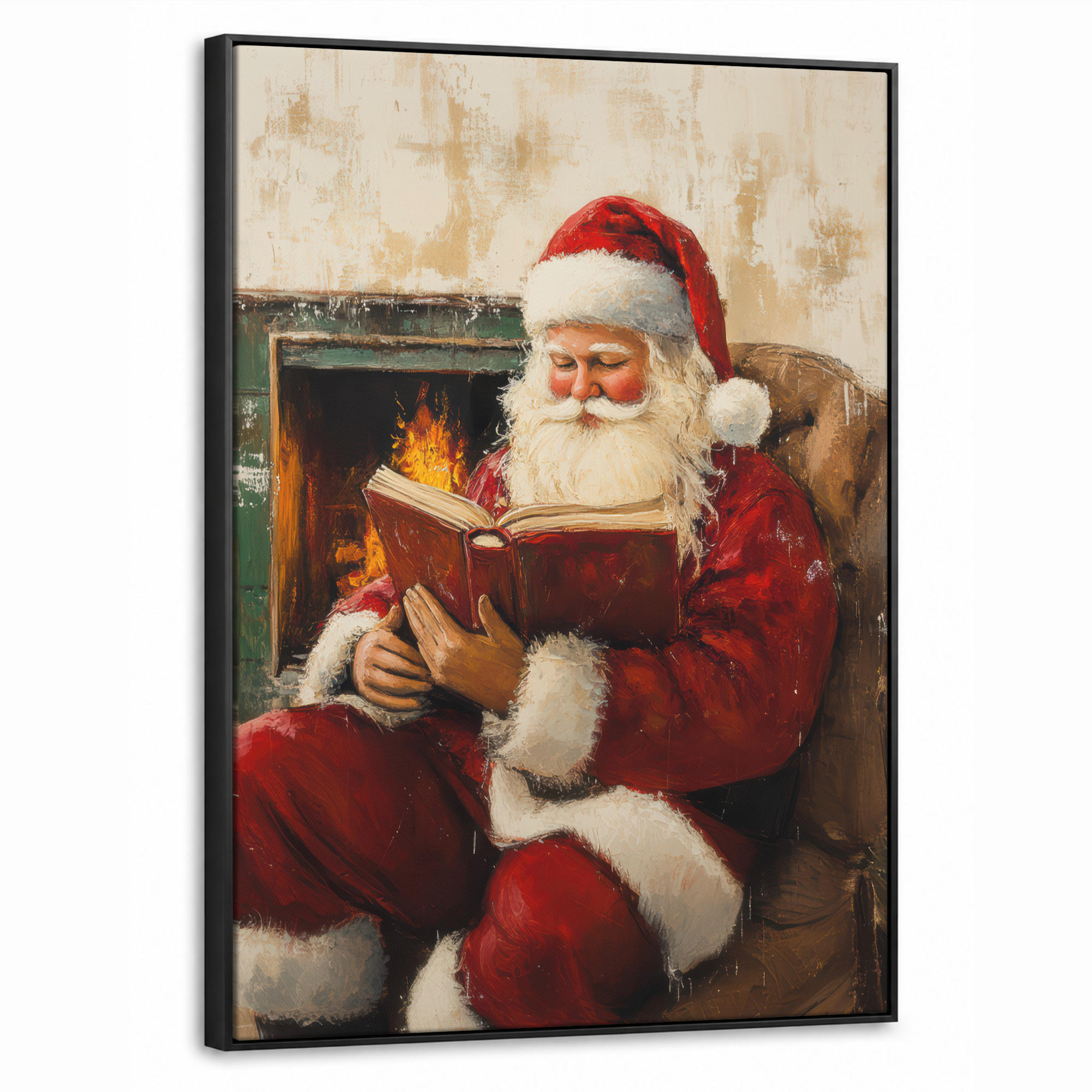LEINWAND Bilder mit Rahmen - Weihnachten - Weihnachtsmann - Winter - Open Fireside - 70x100 - Dunkelrot, Textil (70/100cm) - MuchoWow