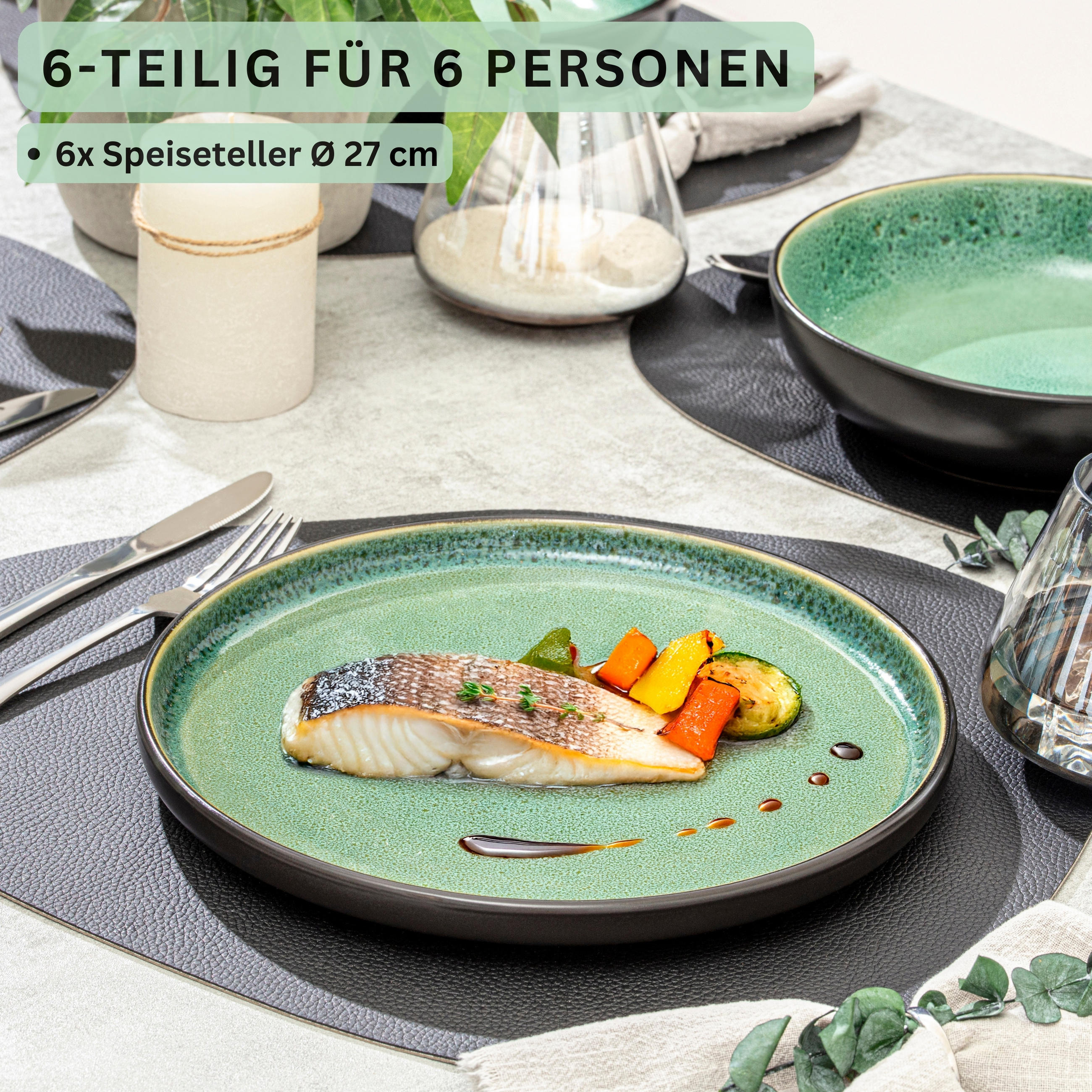 SPEISETELLER SET GREENWICH - 6 teilig aus Steingut - Grün, Stein (27/27/6.3cm) - Sänger