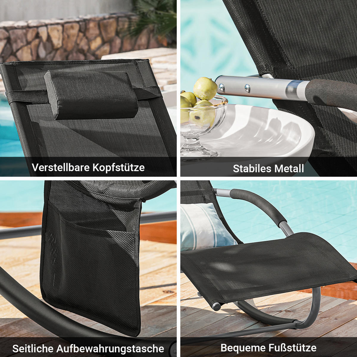 SONNENLIEGE Schwarz - Schwarz, Metall (63/83/150cm) - SoBuy