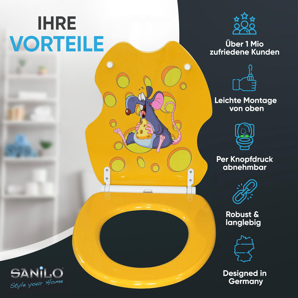 WC-SITZ mit Absenkautomatik & Top Fix Cheesy - Gelb, Holzwerkstoff (37.7/5.5/48cm) - Sanilo