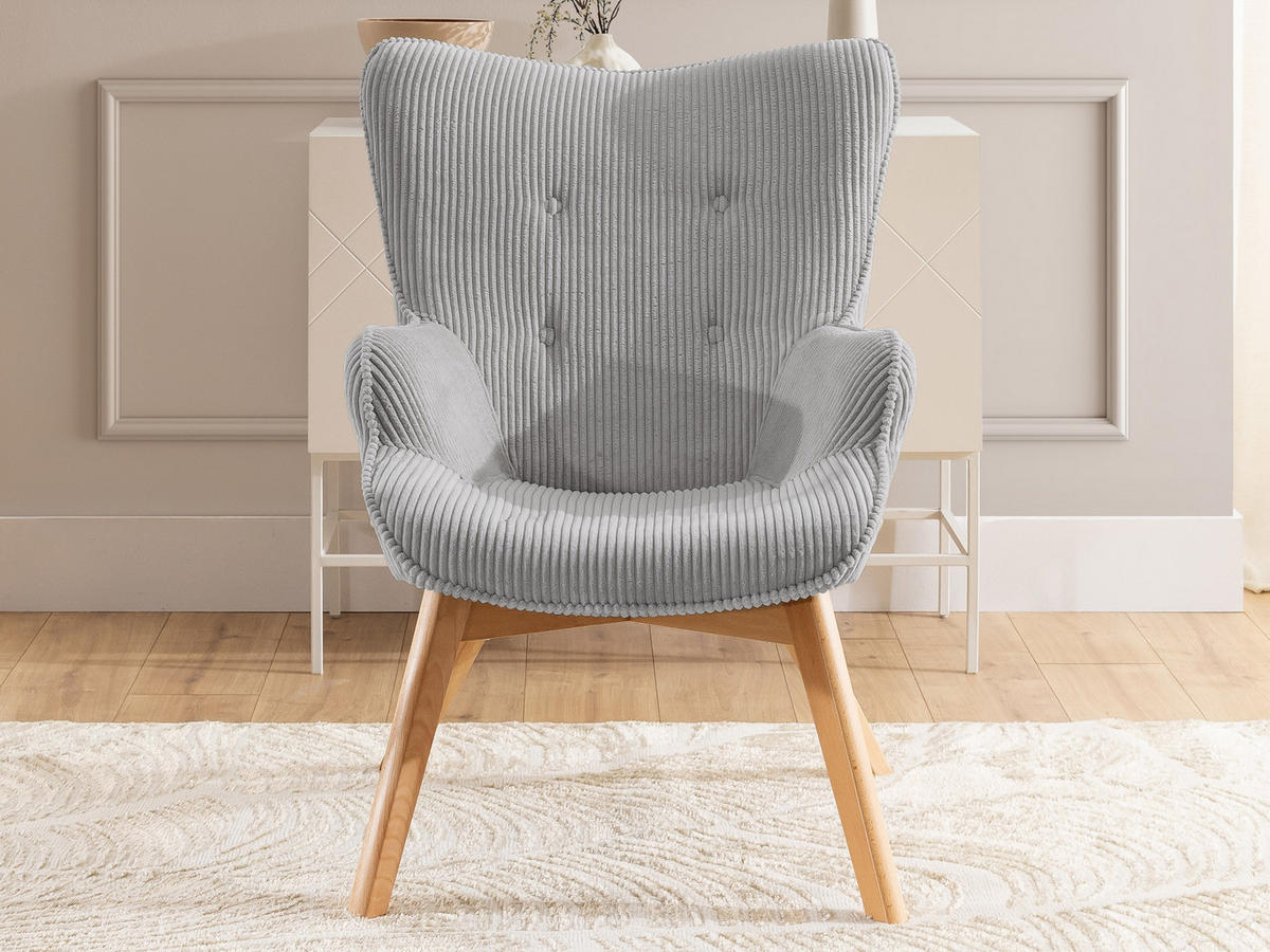 LOUNGESESSEL mit Fußhocker Lenari Hellgrau Cordstoff mit Füßen in Natur - Hellgrau/Naturfarben, Holz/Textil (71/96/86cm) - S-Style Möbel