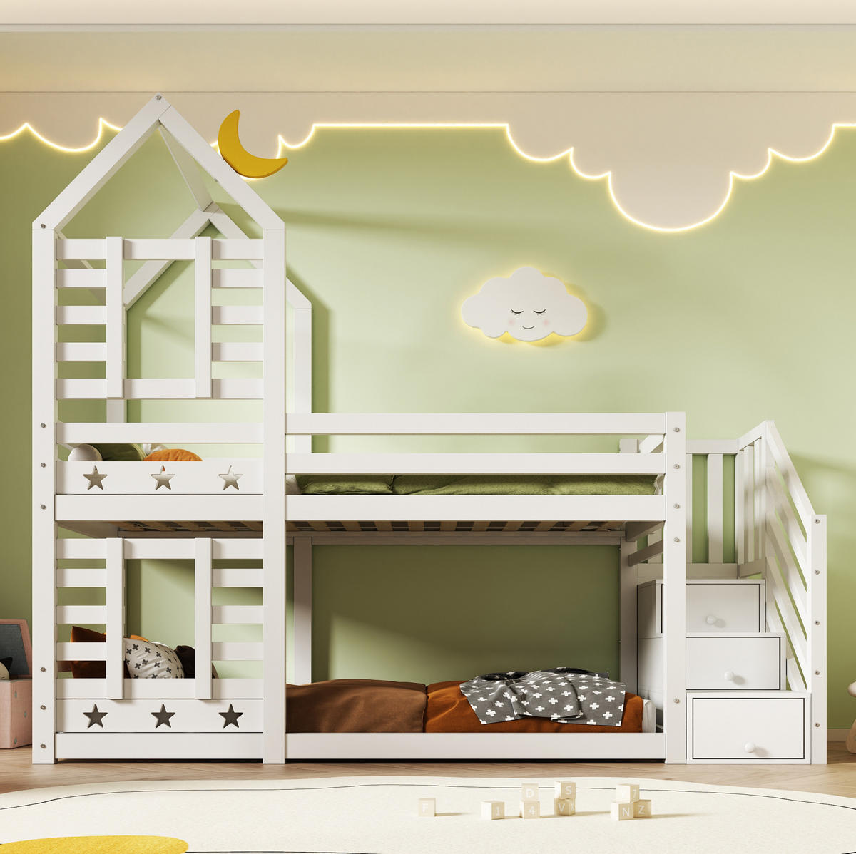 HAUSBETT 90/200 cm in Weiß mit Treppe, Schubladen und Hausrahmen - Weiß, Holzwerkstoff (90/200cm) - BEAOK