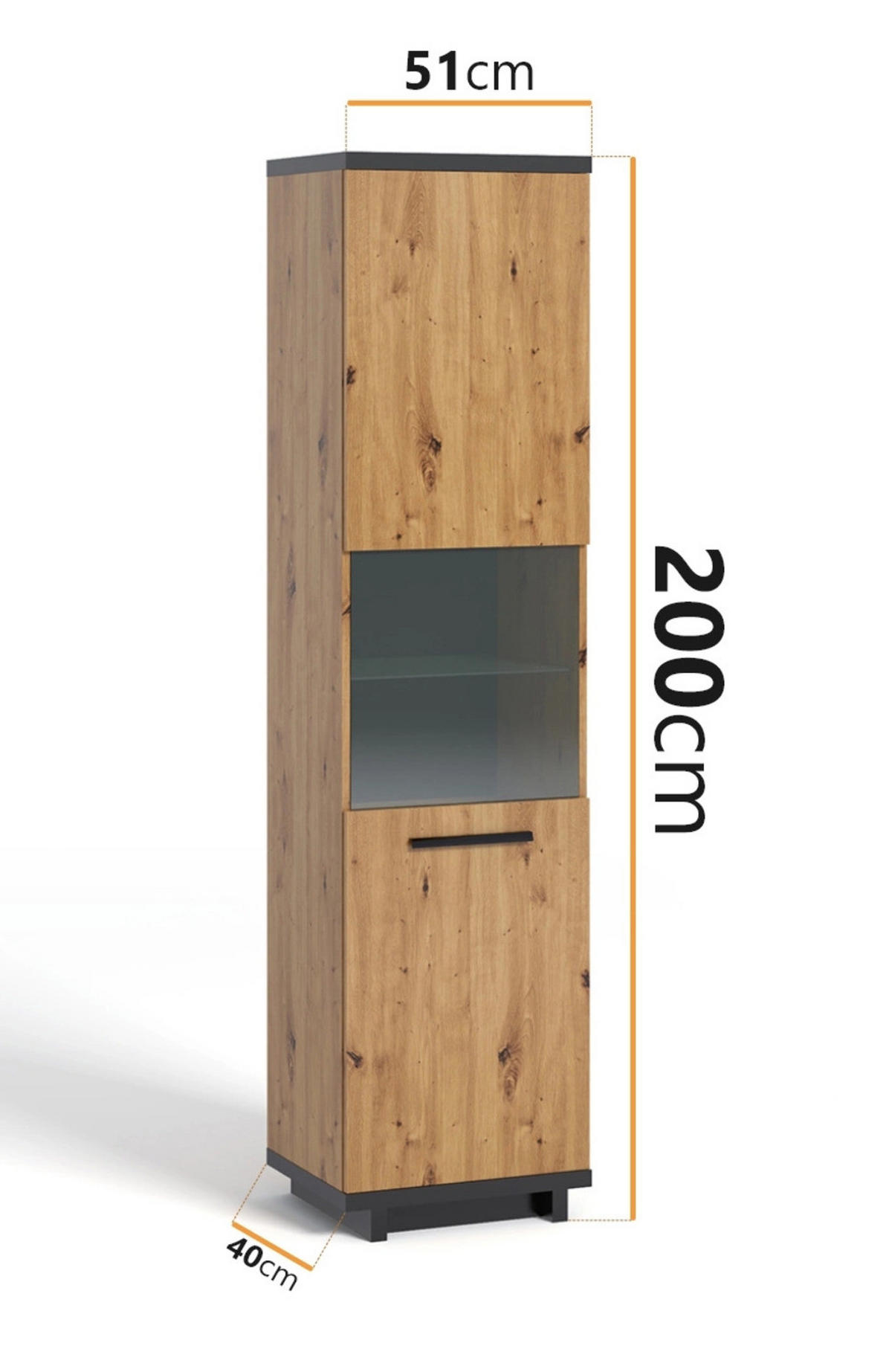 HOCHVITRINE Zonda 51/200/40 1-türig - Schwarz/Eiche Artisan, Holzwerkstoff/Kunststoff (51/200/40cm) - Ravio