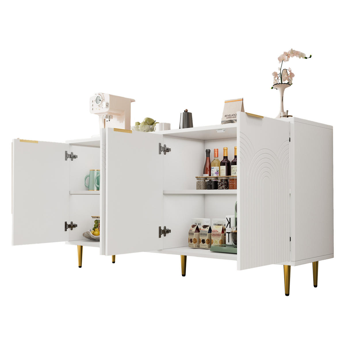 SIDEBOARD aus MDF und Spanplatte 160x40x80 cm Weiß mit 4 Türen, verstellbaren Einlegeböden und Soft-Close - Weiß, Holzwerkstoff (160/80/40cm) - Modfu