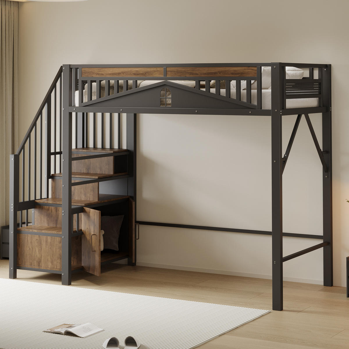 HOCHBETT 90/200 cm aus Metall in Schwarz mit Stauraum und Sicherheitszaun - Schwarz, Metall (90/200cm) - Flora Grace