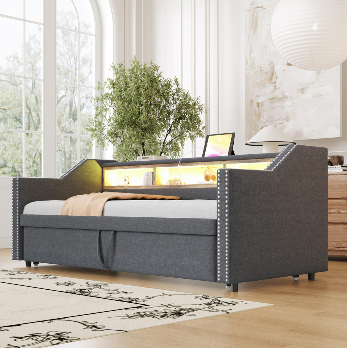 BETT 90/180/190 cm Dunkelgrau aus Leinenstoff mit Bett, LED und USB - Dunkelgrau, Textil (90/190cm) - OKMYHOME