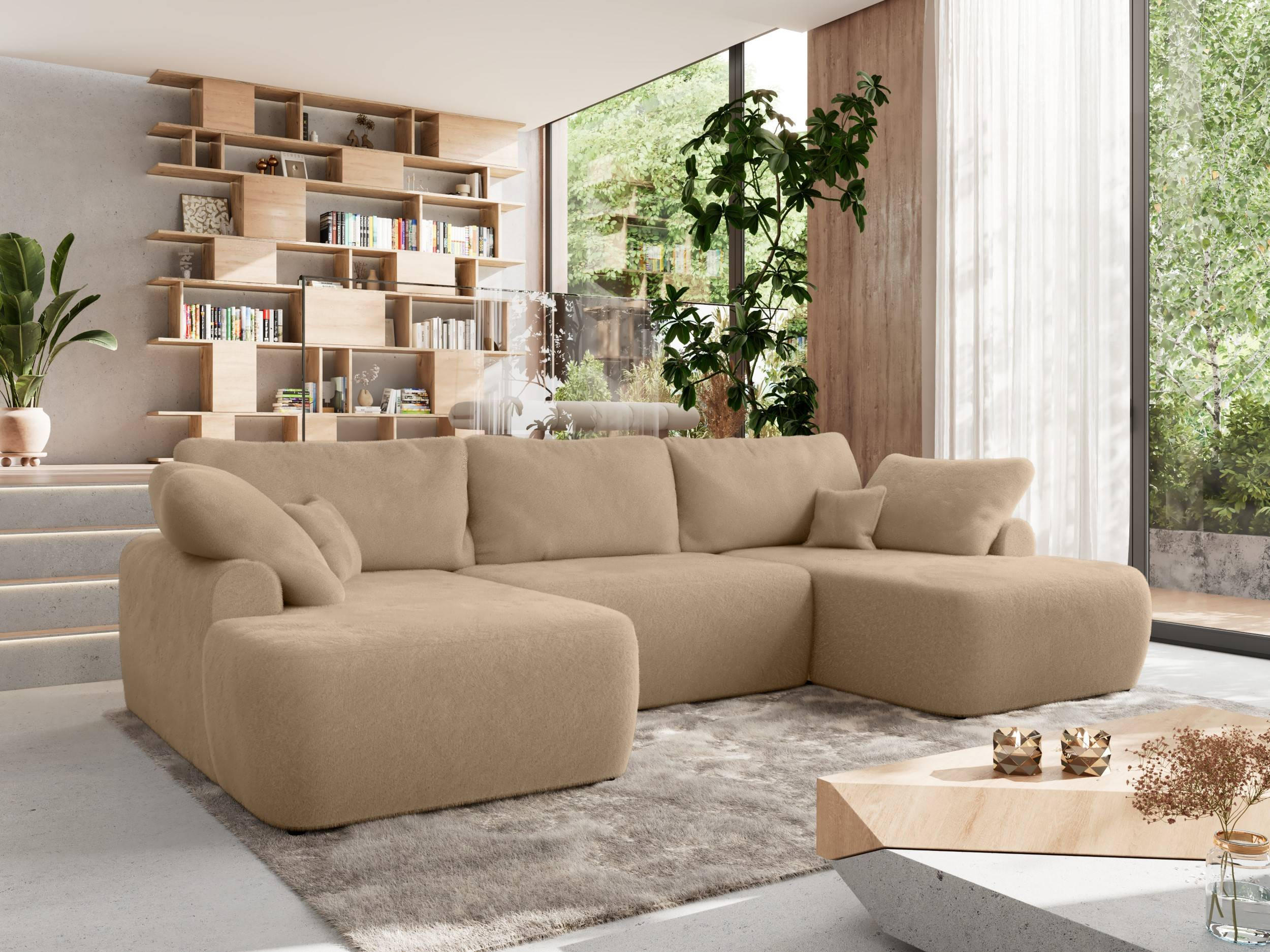 WOHNLANDSCHAFT CUBO U Beige Plüsch - Beige/Schwarz, Kunststoff/Textil (370/100/187cm) - MKS