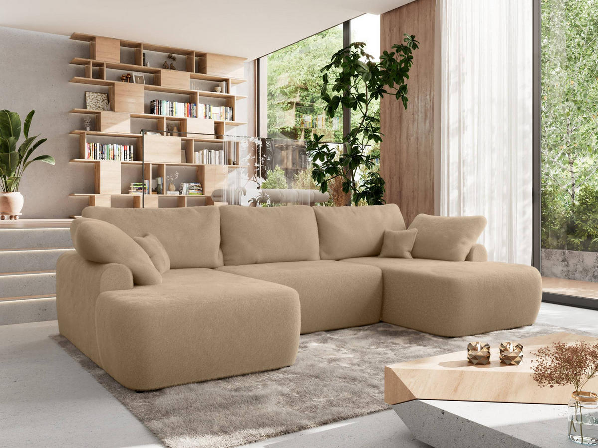 WOHNLANDSCHAFT CUBO U Beige Plüsch - Beige/Schwarz, Kunststoff/Textil (370/100/187cm) - MKS