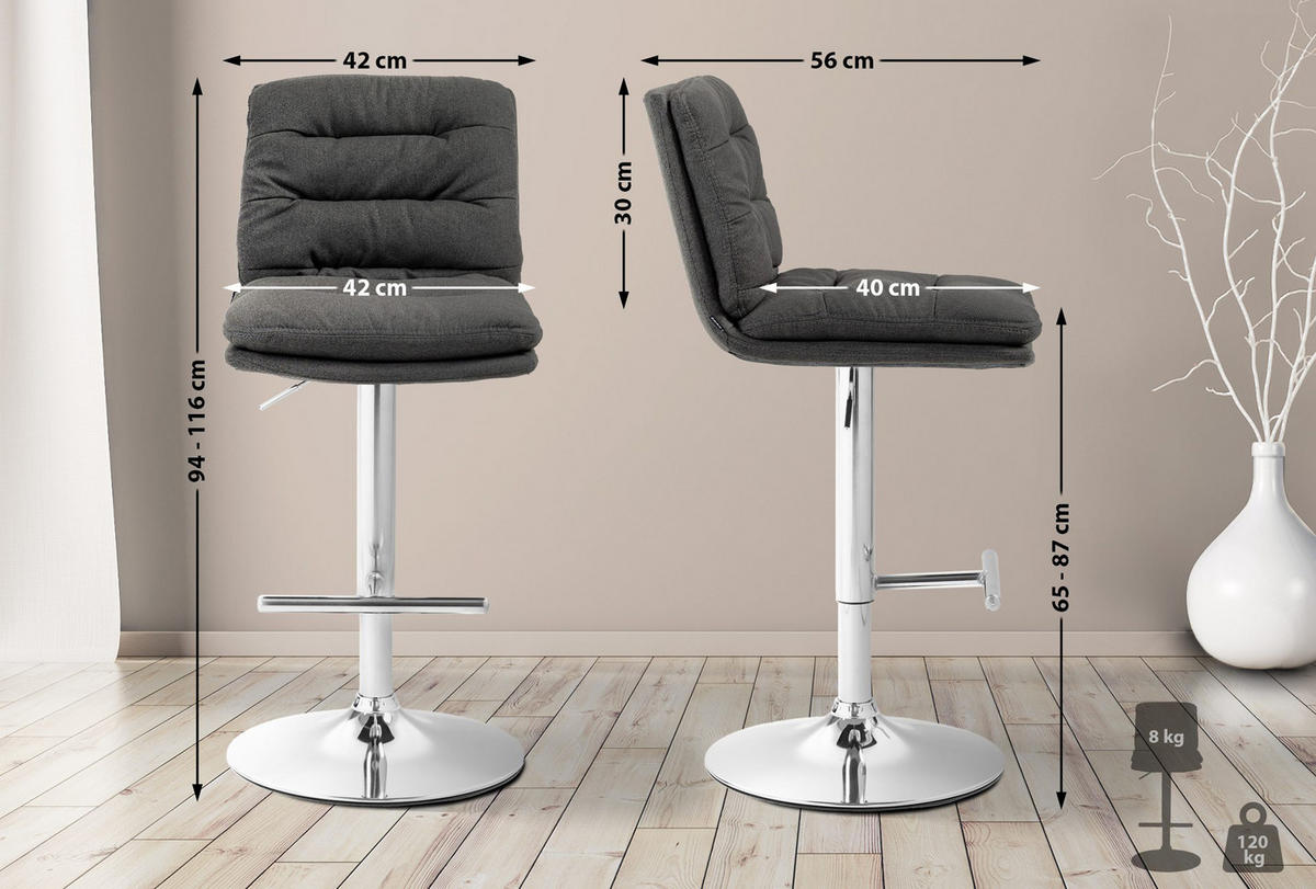 BARHOCKER 2er Set Diamant Stoff chrom dunkelgrau - Chromfarben/Dunkelgrau, Textil/Metall (42/116/56cm) - TPFLiving