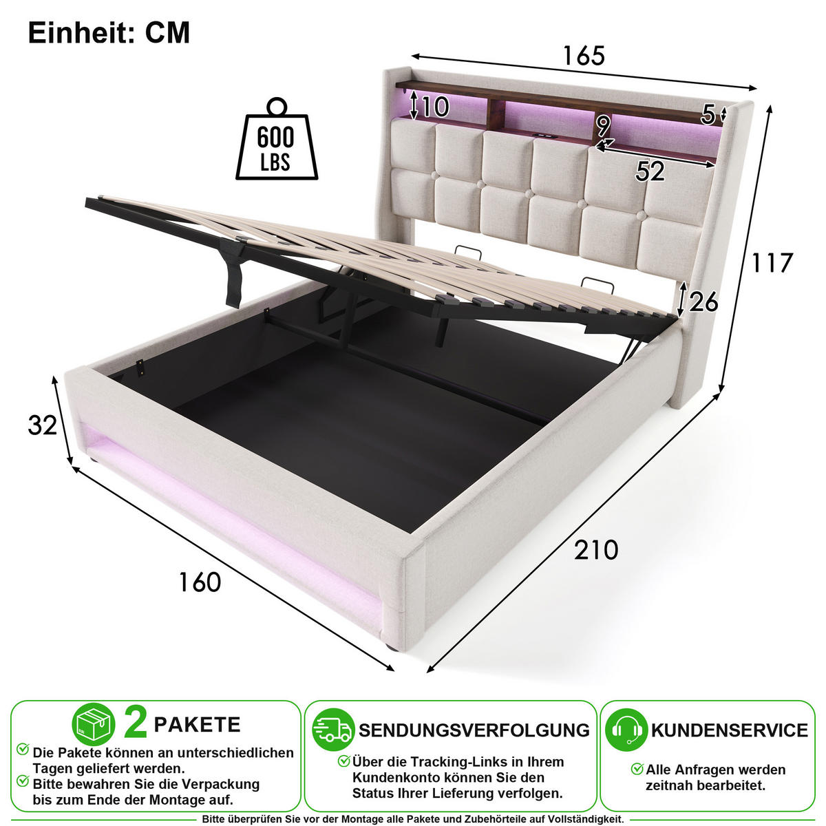 POLSTERBETT 160/200 cm in Beige mit Bettkasten, LED und USB Leinen - Beige, Holzwerkstoff/Textil (160/200cm) - CHICFURN