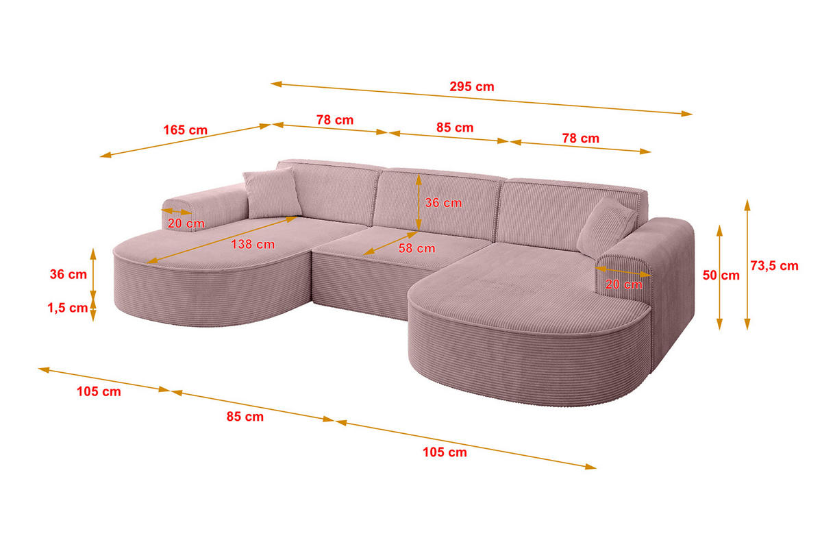 WOHNLANDSCHAFT MARI-U1 - 295x163x73,5 cm Rosa Cord - Schwarz/Rosa, Holzwerkstoff/Kunststoff (295/73.5/163cm) - ALTDECOR
