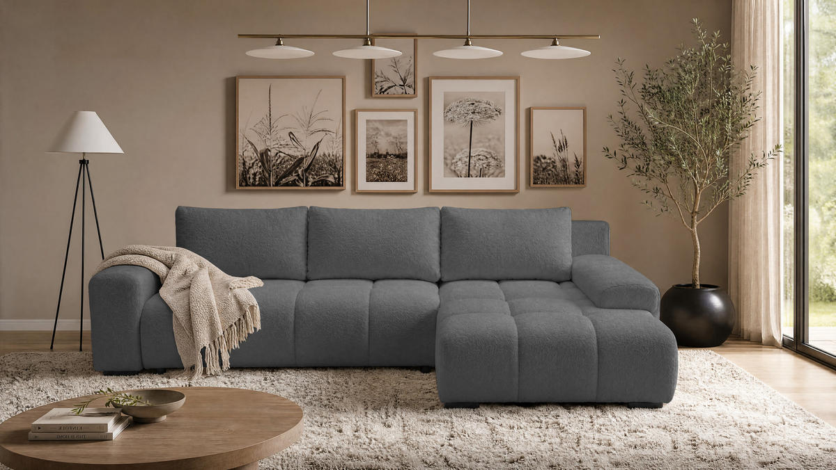 ECKSOFA Ovia mit Bettkasten und Schlaffunktion, Bouclé-Stoff in L-Form - Dunkelgrau, Textil (270/185cm)