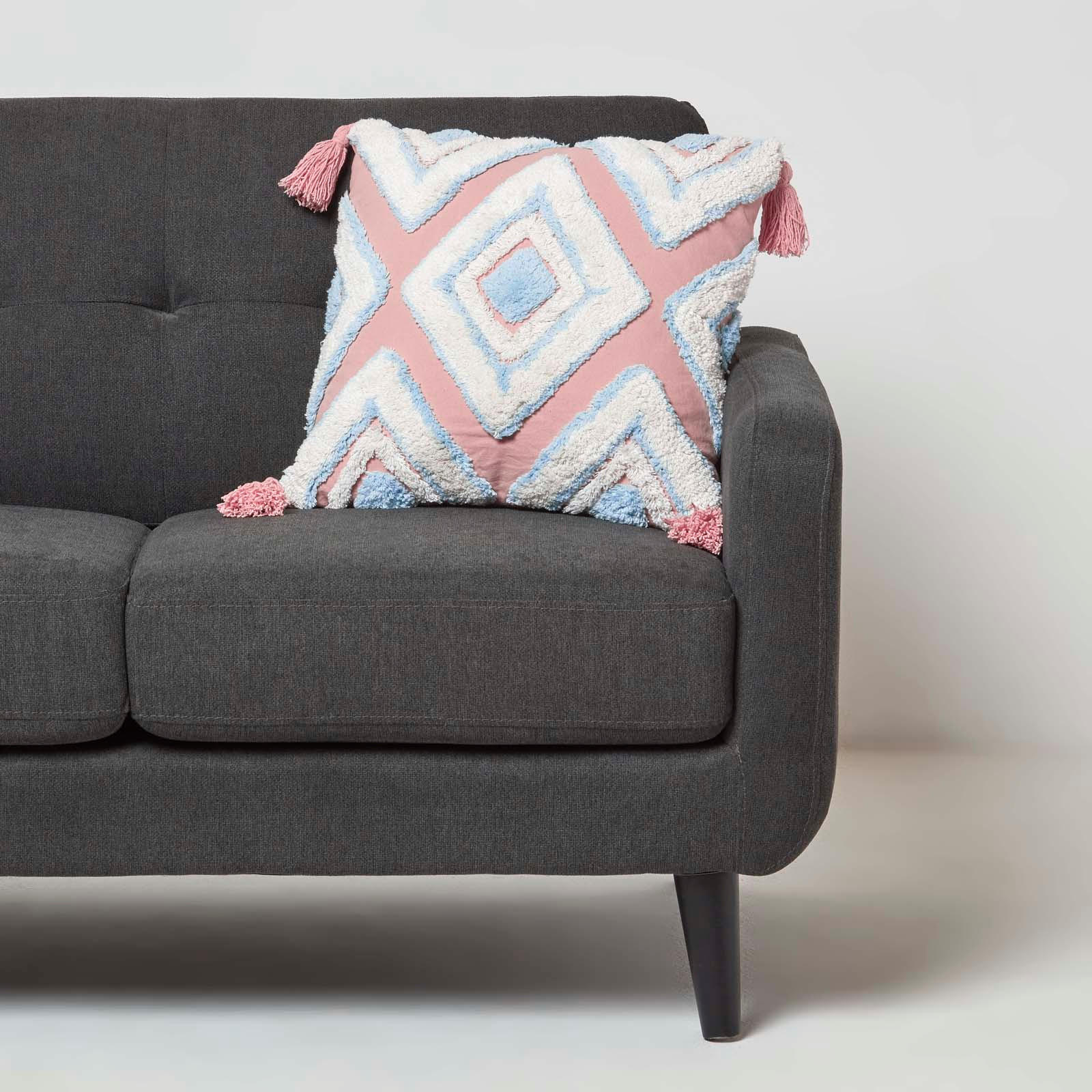 DEKOKISSEN Tufted blau-rosa 45/45 cm Boho-Style mit Quasten - Blau, Textil (45/45cm) - Homescapes